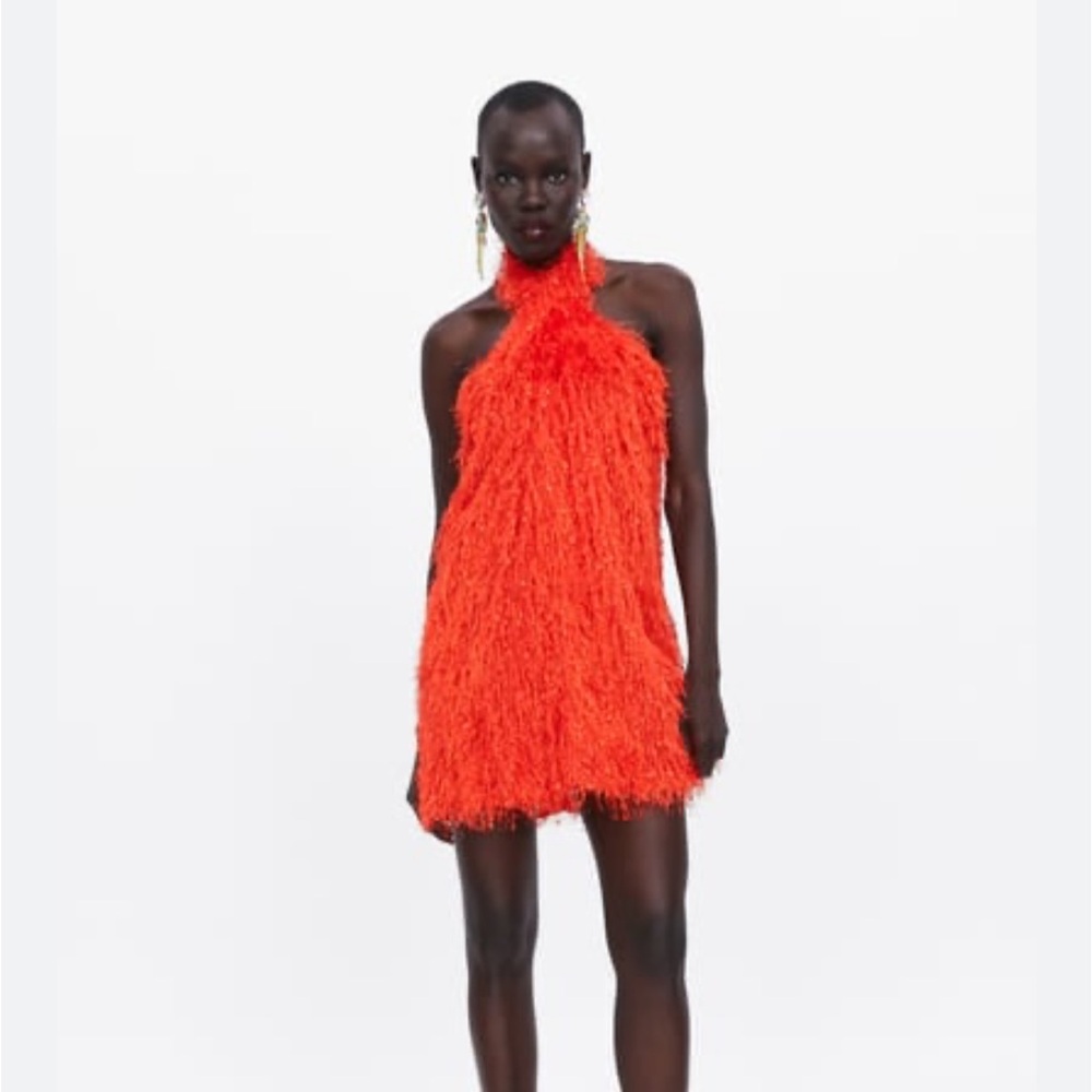 Zara Orange Fringe Halter Neck Mini Dress